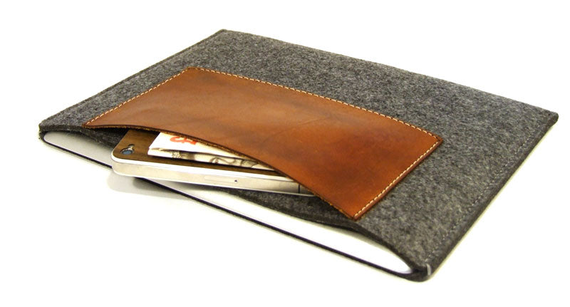 MacBook AIR ALL MODELS grey felt case sleeve WITH LEATHER EMMERSON GRAY